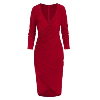 

Velvet Bodycon Dress Ruched Long Sleeve Surplice Plunging Neck Knee Length Party Dress, Red