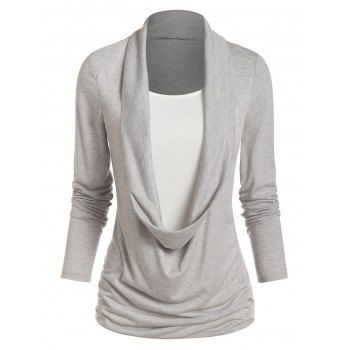 

Heathered Draped Ruched 2 In 1 Long Sleeve Casual T-shirt, Gray goose