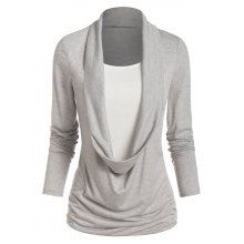 dresslily Heathered Draped Ruched 2 In 1 Long Sleeve Casual T-shirt