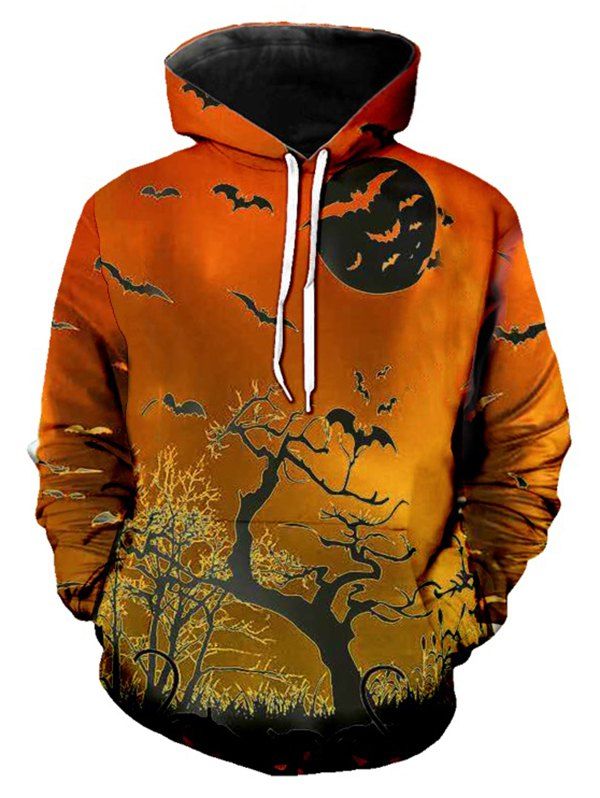 Halloween Bat Tree Print Front Pocket Casual Hoodie - DARK ORANGE 2XL