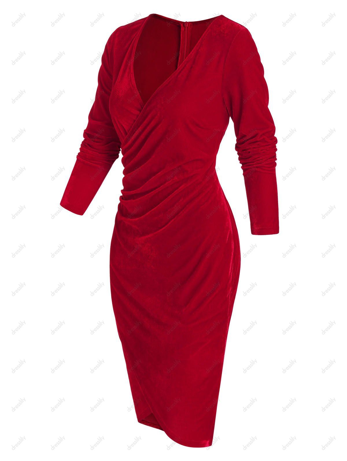 Long Sleeve Surplice Velvet Bodycon Dress - RED M