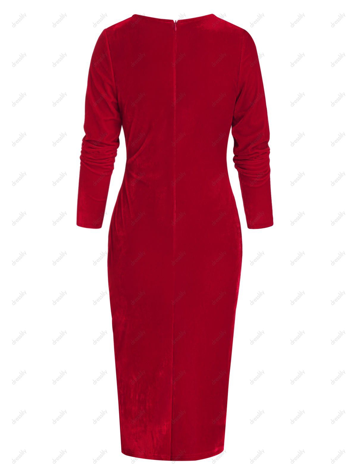 Long Sleeve Surplice Velvet Bodycon Dress - RED M