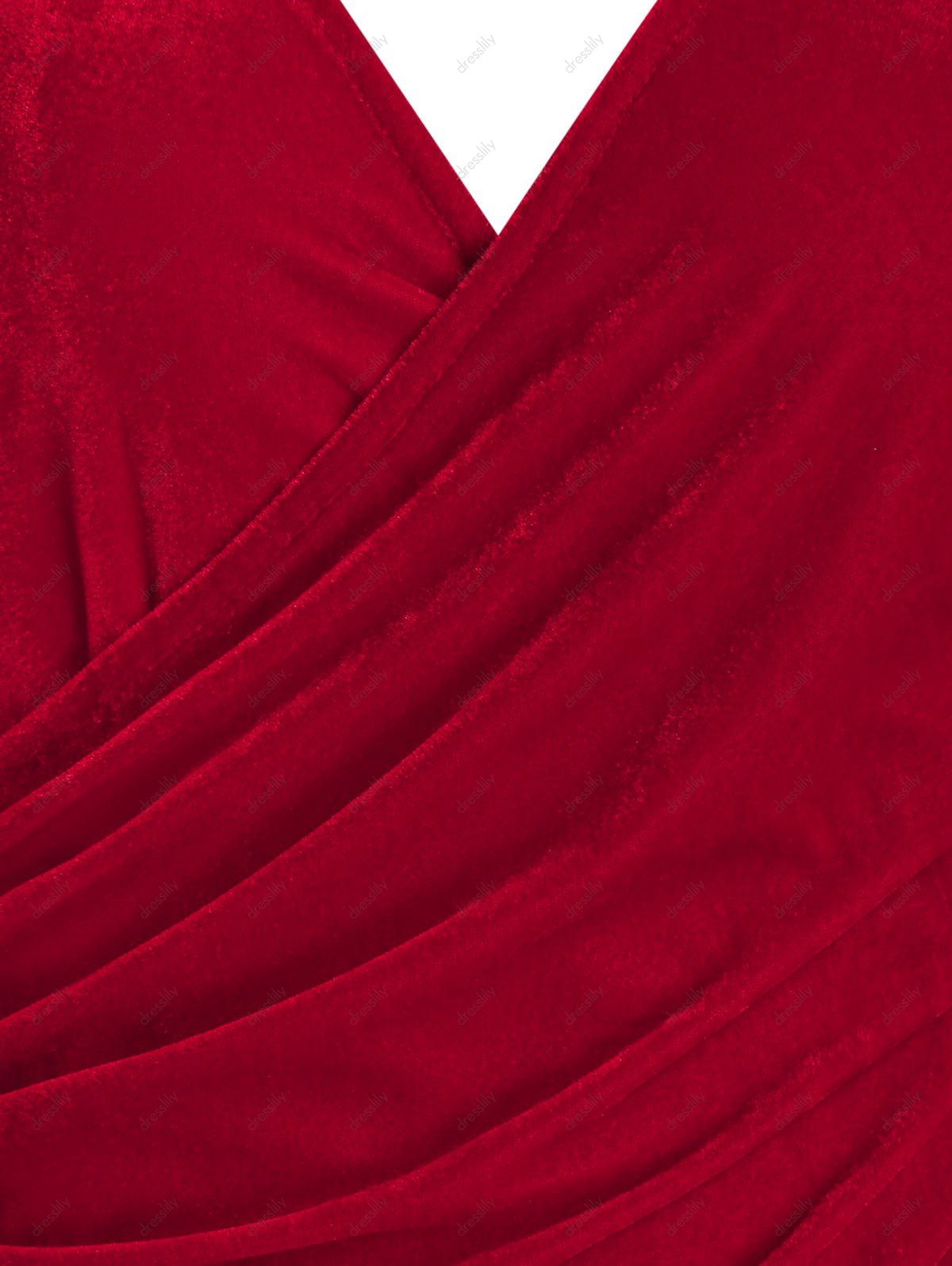 Long Sleeve Surplice Velvet Bodycon Dress - RED M
