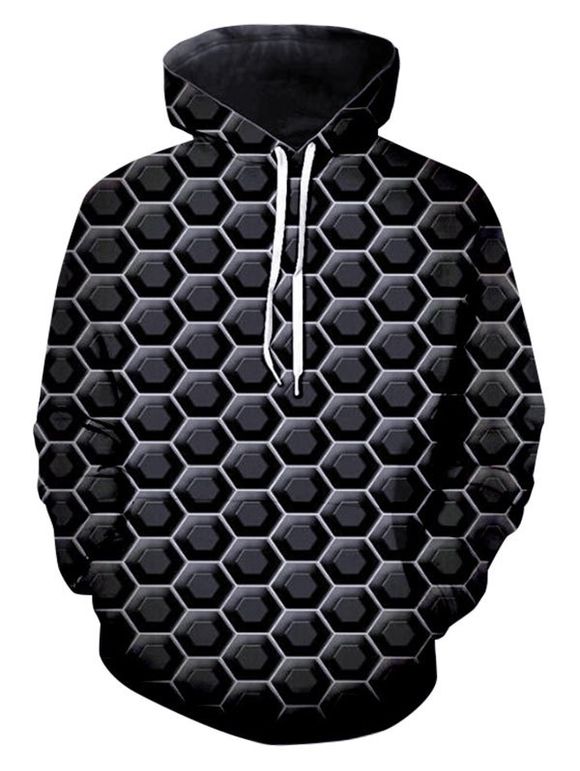 3D Digital Hexagon Print Front Pocket Casual Hoodie - BLACK 2XL