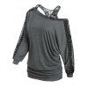 T-shirt Clouté à Epaule Dénudée en Dentelle Insérée - Gris Ardoise Foncé S