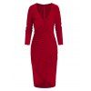 Velvet Bodycon Dress Ruched Long Sleeve Surplice Plunging Neck Knee Length Party Dress - RED M