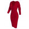 Velvet Bodycon Dress Ruched Long Sleeve Surplice Plunging Neck Knee Length Party Dress - RED 3XL