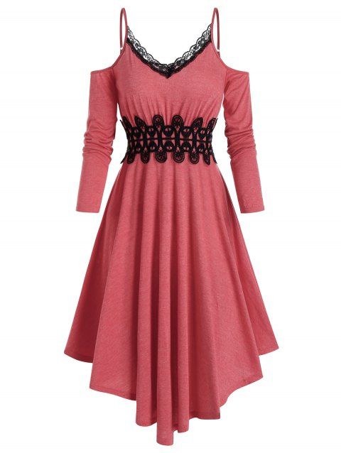 Midi Calf Asymmetricial Dress Cold Shoulder Flower Corchet Lace Insert High Waist Long Sleeve Dress