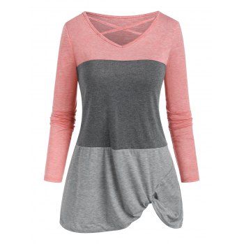 

Criss Cross Twisted Colorblock T-shirt, Light pink