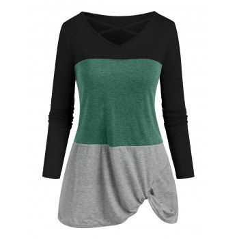 

Criss Cross Twisted Colorblock T-shirt, Deep green