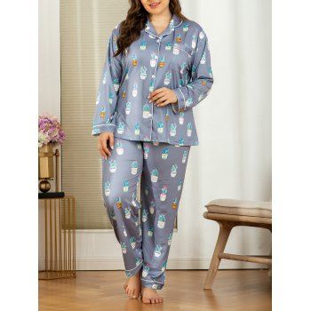 

Plus Size Potted Plant Print Piping PJ Set, Dark gray