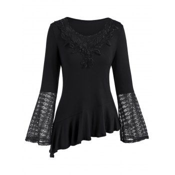 

Lace Insert Flare Sleeve Flounce Asymmetrical T-shirt, Black