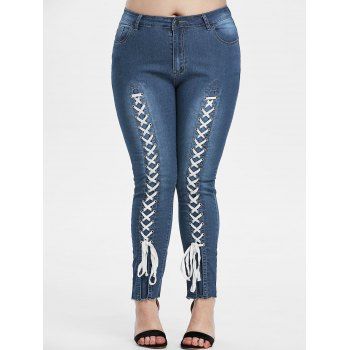 

Lace-up Raw Hem Plus Size Skinny Jeans, Deep blue