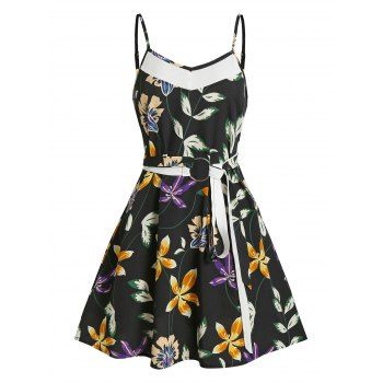 

Floral Print Belt Mini A Line Dress, Black