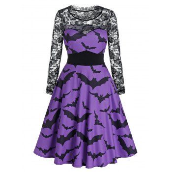 

Halloween Bat Print Sheer Lace Panel High Waist Dress, Purple iris