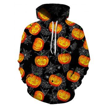 

Halloween Pumpkin Spider Web Print Front Pocket Drawstring Hoodie, Multicolor