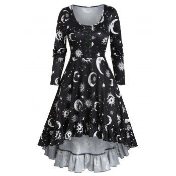 

Moon Print Lace-up High Low Gothic Dress, Black