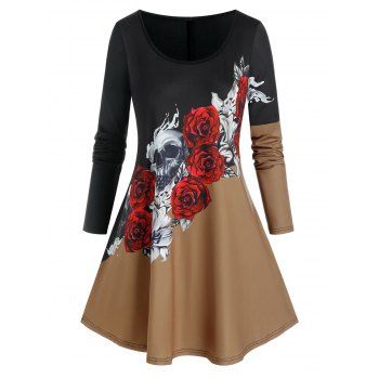 

Plus Size Halloween Skull Flower Contrast Tunic Tee, Black