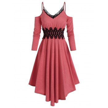 

Midi Calf Asymmetricial Dress Cold Shoulder Flower Corchet Lace Insert High Waist Long Sleeve Dress, Valentine red