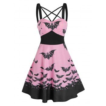 

Halloween Bat Print Criss Cross High Waisted Cami Dress, Pink