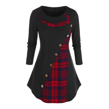 

Plus Size Plaid Mock Button T Shirt, Black