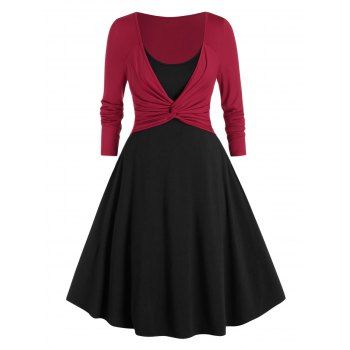 

Plus Size Front Twist Twofer Dress, Red wine