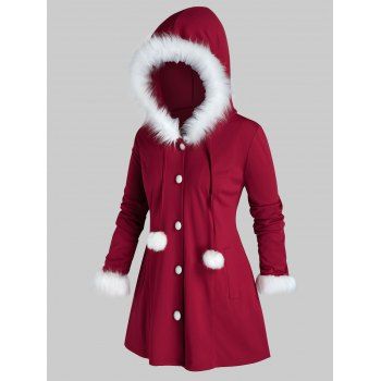 

Plus Size Hooded Christmas Faux Fur Insert Coat, Red wine