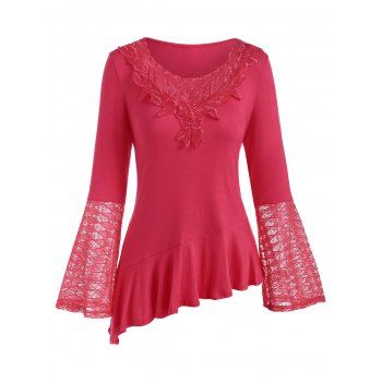 

Lace Insert Flare Sleeve Flounce Asymmetrical T-shirt, Red