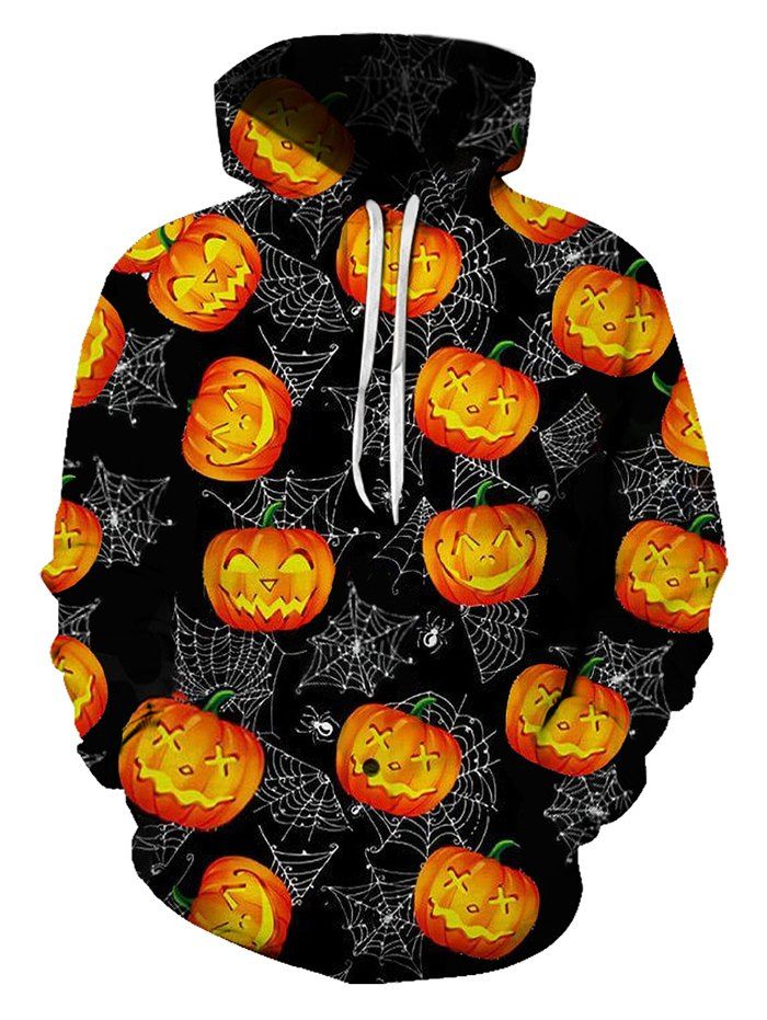 Halloween Pumpkin Spider Web Print Front Pocket Drawstring Hoodie - multicolor 2XL