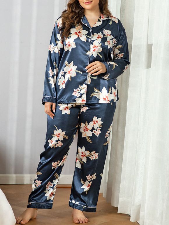 Ensemble de Pyjama Chemise Floral de Grande Taille avec Poche en Avant en Satin - Bleu profond 4XL