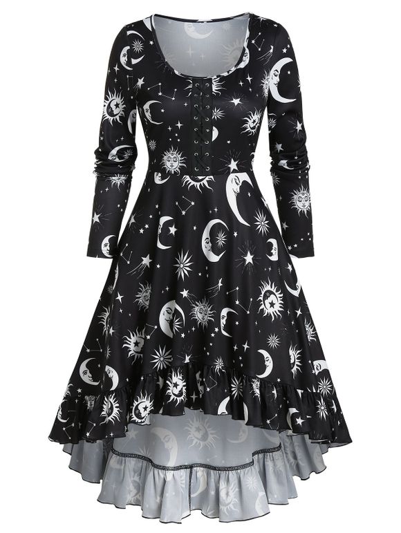 Robe Gothique Haute Basse Lune Imprimée à Lacets - Noir XL