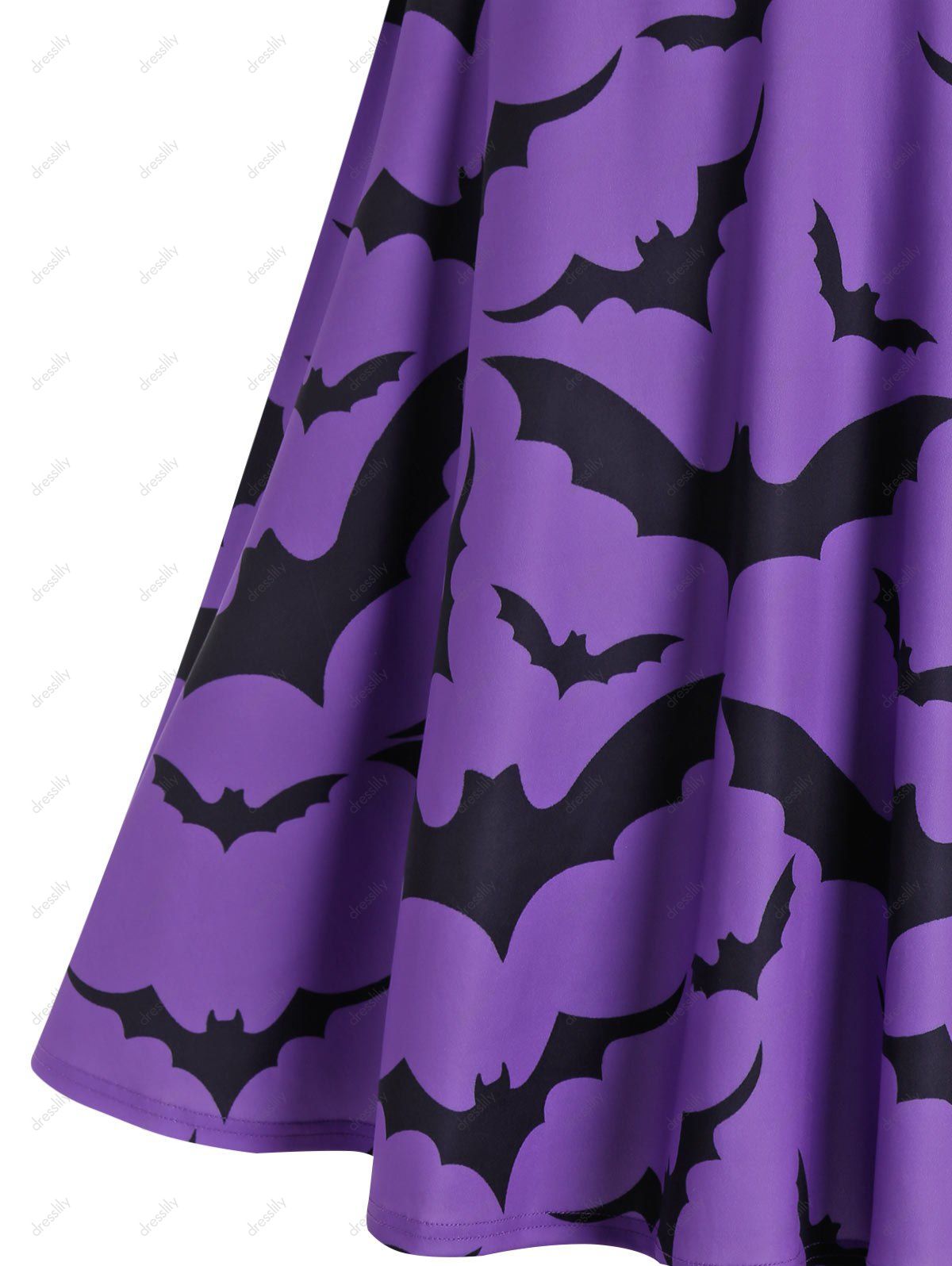 [31 OFF] 2021 Halloween Bat Print Sheer Lace Panel High Waist Dress In PURPLE IRIS DressLily