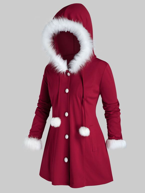 Manteau à Capuche de Noël de Grande Taille en Fausse Fourrure Insérée - Rouge Vineux L