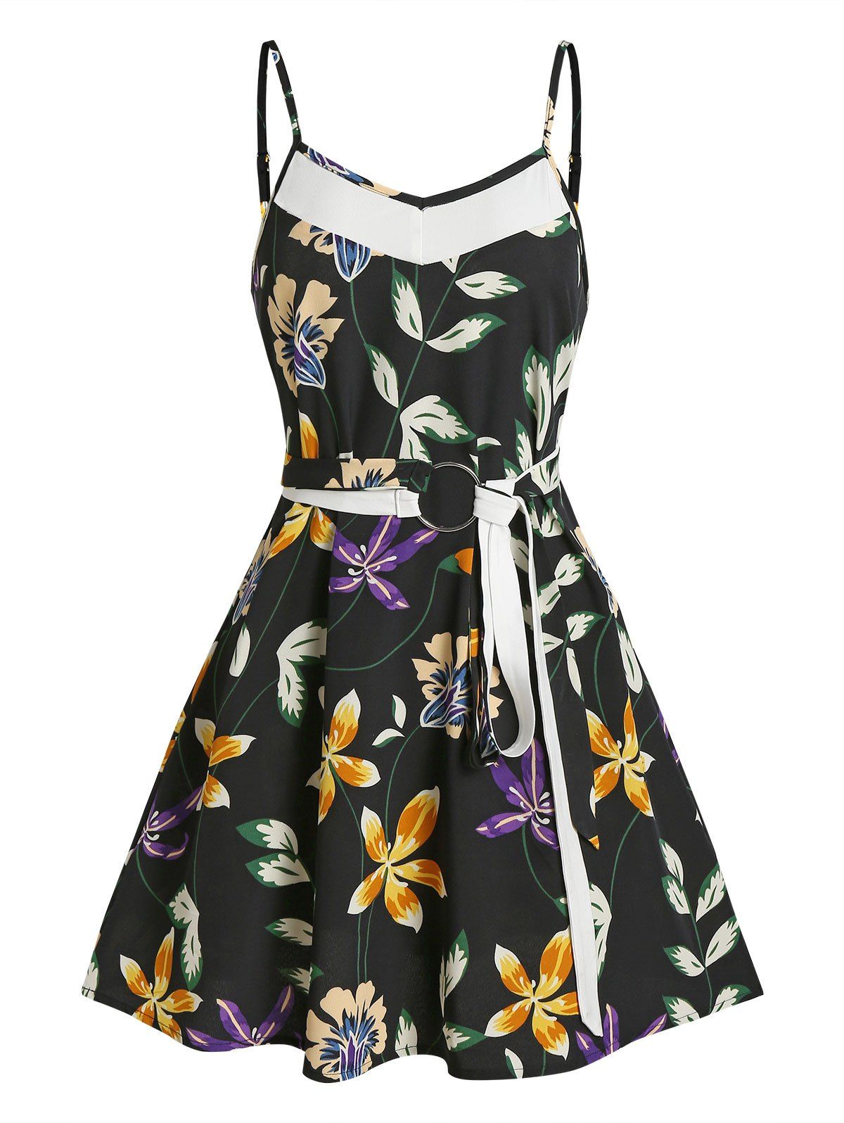 Floral Print Belt Mini A Line Dress - BLACK 3XL