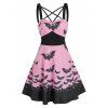 Halloween Bat Print Criss Cross High Waisted Cami Dress - PINK S