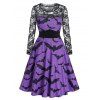 Halloween Bat Print Sheer Lace Panel High Waist Dress - PURPLE IRIS M