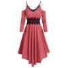 Robe Mi-Mollet Asymétrique en Dentelle Insérée à Epaule Dénudée à Manches Longues - Rouge Saint Valentin L