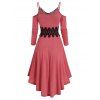 Midi Calf Asymmetricial Dress Cold Shoulder Flower Corchet Lace Insert High Waist Long Sleeve Dress - VALENTINE RED XL