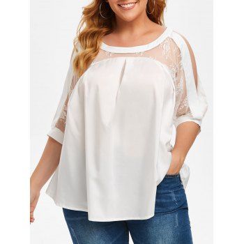 

Lace Panel Open Shoulder Curved Hem Plus Size Blouse, White