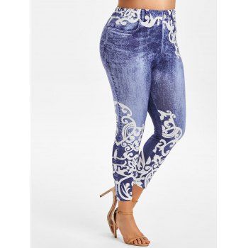 

Plus Size Anthemion 3D Jean Pattern High Rise Jeggings, Deep blue