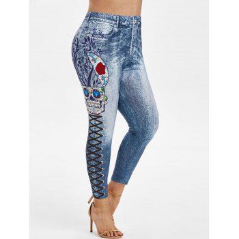 

Plus Size Funny Skull 3D Jean Print High Rise Jeggings, Deep blue