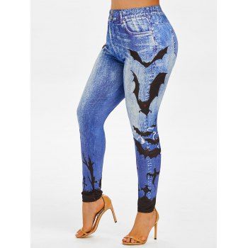 

Plus Size Bat 3D Pattern High Rise Jeggings, Blue