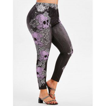 

Skull Floral 3D Print Halloween Plus Size Jeggings, Black