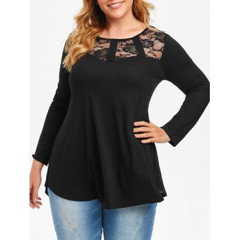 

Plus Size Lace Insert Curved Tee, Black