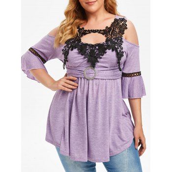 

Plus Size Cold Shoulder Lace Crochet Bell Sleeve T Shirt, Crocus purple