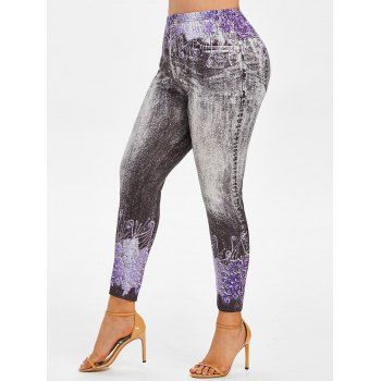 

Floral 3D Print Plus Size Ninth Jeggings, Black