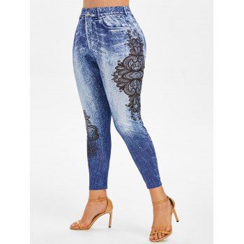 

3D Print Floral Plus Size Jeggings, Light blue