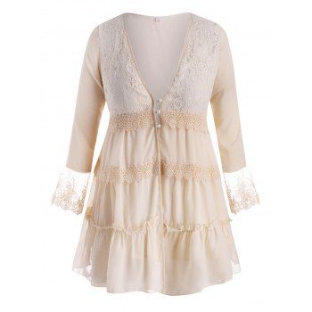 

Lace Panel Button Loop Mesh Panel Plus Size Blouse, Light coffee
