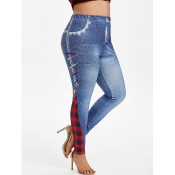 

Plus Size Plaid Lace-up 3D Jean Pattern Jeggings, Deep blue