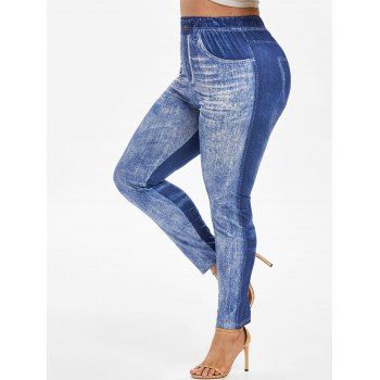 

Plus Size High Waist 3D Jean Print Jeggings, Blue